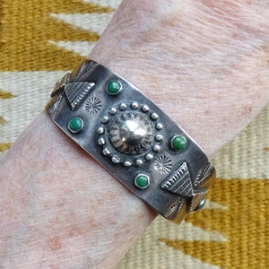 Vintage, Fred Harvey Era, Navajo, Green Turquoise, Thunderbird, Cuff Bracelet, Hallmarked, 925 Sterling Silver, Navajo Thunderbird Cuff