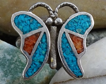 Vintage Zuni Crushed Turquoise and Coral Mosaic Sterling Silver Inlay Butterfly Ring Size 5