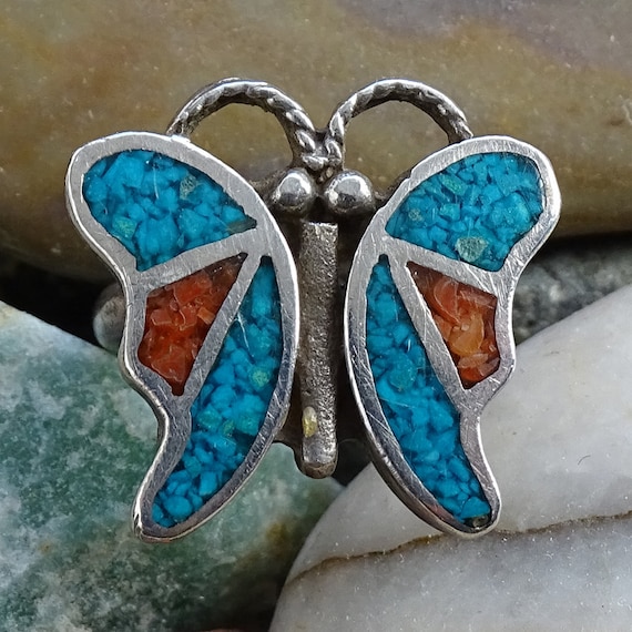 Rare Vintage Native American Navajo 5 Blue Gem Turquoise Corals Sterling Silver Butterfly Ring Rare Vintage Native American Navajo 5 Blue Gem Turquoise Corals Sterling Silver Butterfly Ring