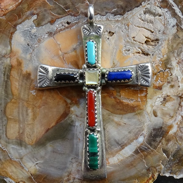 Vintage, Native American, Zuni, Multi Gemstone, Cross Pendant, Signed C. Iule, Handmade, Zuni Pendant, Gemstone Cross, Zuni Cross