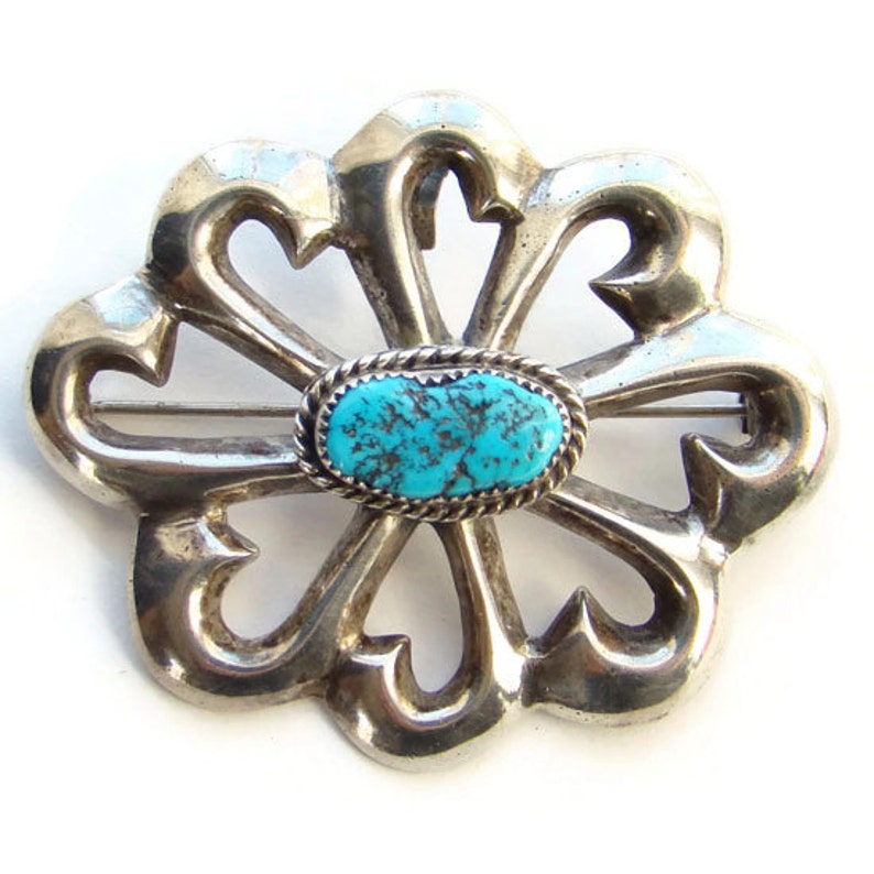 Vintage Nellie Tso Navajo Sterling Silver Turquoise Pendant - Silver Turquoise Pendant Brooch