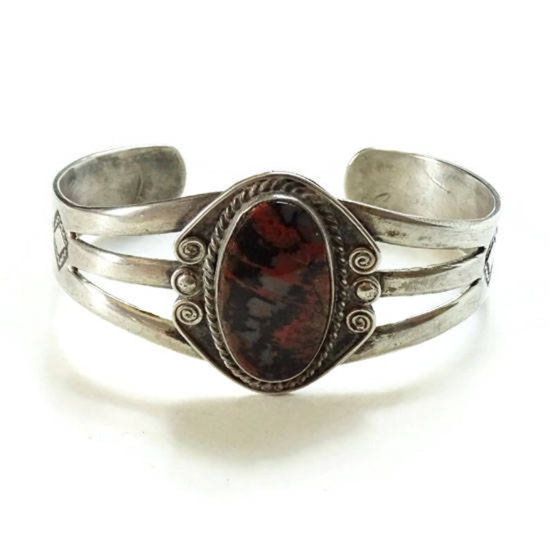 Old Fred Harvey Era Navajo Petrified Wood Sterling Silver Cuff Bracelet 1940s Handmade