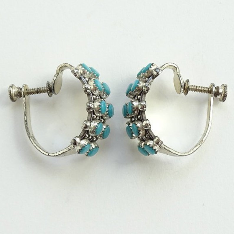 Vintage Zuni Double Row Snake Eye Turquoise Screw Back Earrings Marked Sterling