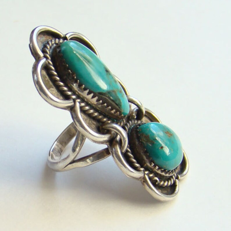Vintage Native American Turquoise Ring Two Stones Sterling Silver Size 6 34