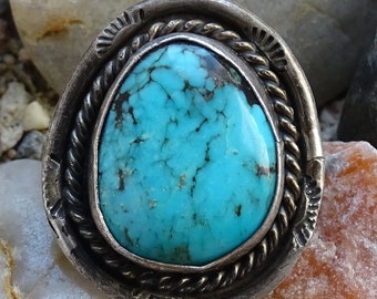 Vintage Navajo Handmade Turquoise Ring Black Matrix Size 6.5 Sterling Silver
