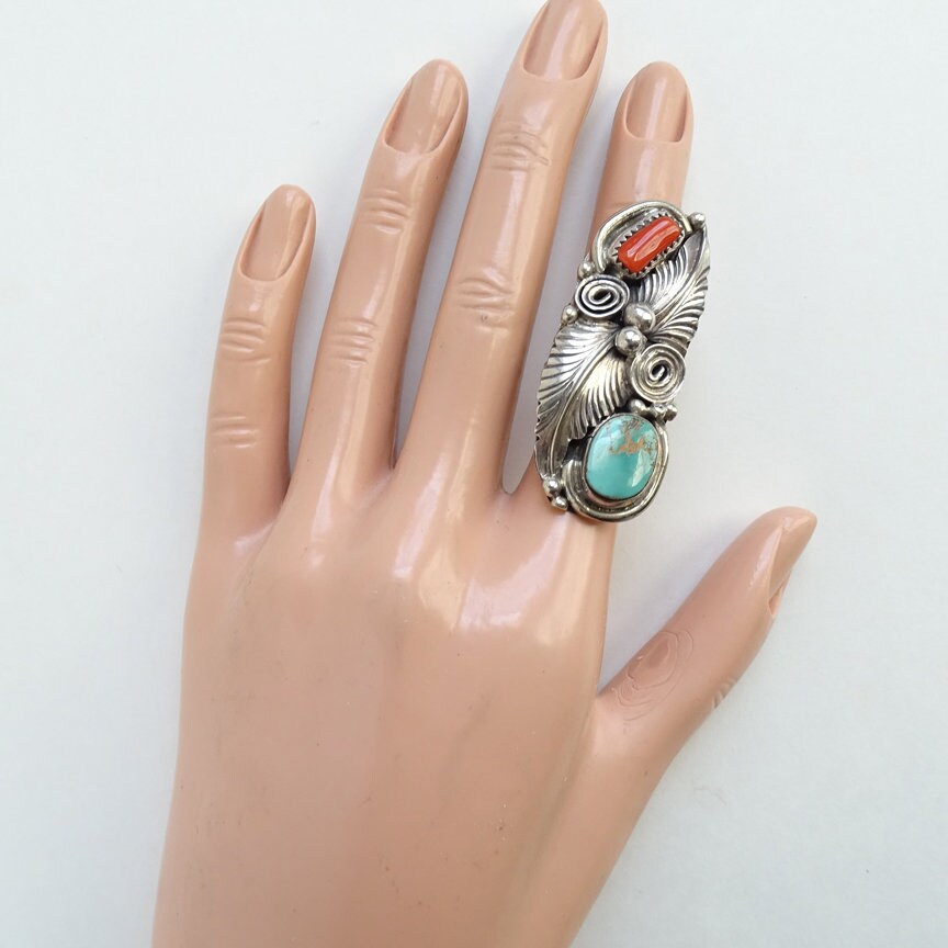 Vintage Navajo Sterling Silver Turquoise Coral Ring, Size 5.5 - Etsy
