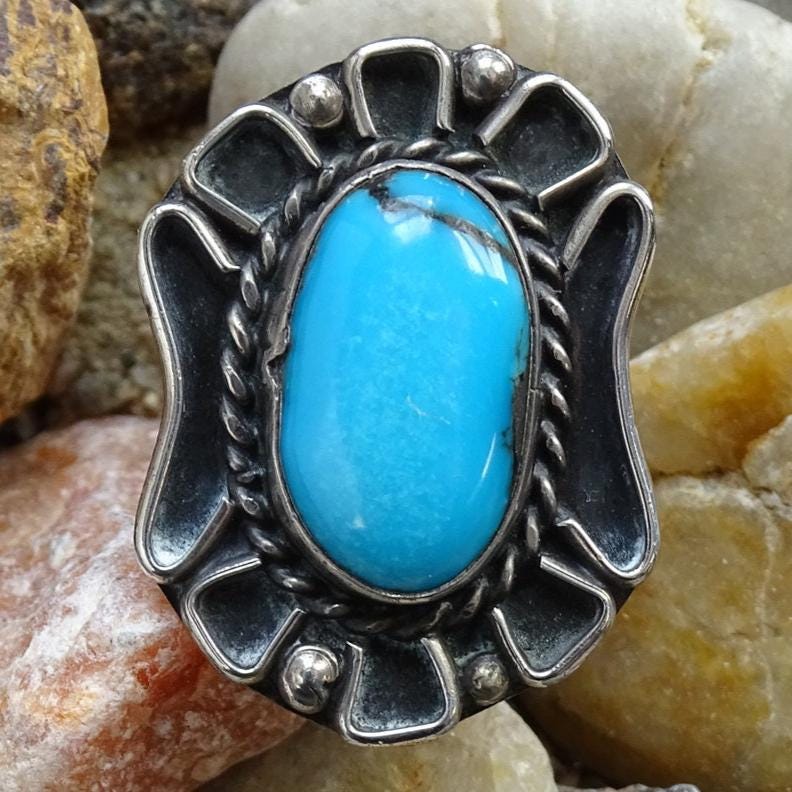 Vintage Native American Sterling Silver Turquoise Navajo Ring Signed LF ...