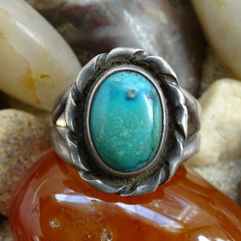 Vintage Southwestern Turquoise Ring Size 9 34 to 10 Sterling Silver Native American Indian Jewelry
