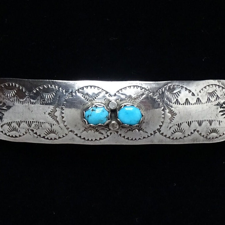 Navajo Hair Barrette Turquoise 3in Large Handmade Stamped Sterling Ornament Clip Native American Turquoise Silver Hair Barrette Sterling  main image 3
