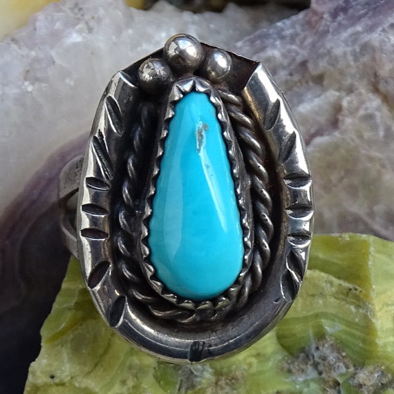 Magnificent Vintage Native American Navajo Turquoise Sterling Silver Ring Signed Magnificent Vintage Native American Navajo Turquoise Sterling Silver Ring Signed