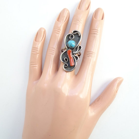 Delightful Vintage Native American Hopi Turquoise Coral Sterling Silver Sunface Ring Delightful Vintage Native American Hopi Turquoise Coral Sterling Silver Sunface Ring