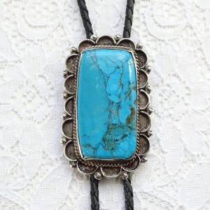 Vintage Navajo Large Turquoise Sterling Silver Bolo String Tie Unsigned Southwestern Handmade