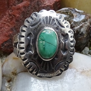 Vintage Native,, Southwestern, Sterling Concho, Pinky Ring, with Green Turquoise, SMALL SIZE 4.75, Green Turquoise Ring, Silver Concho Ring