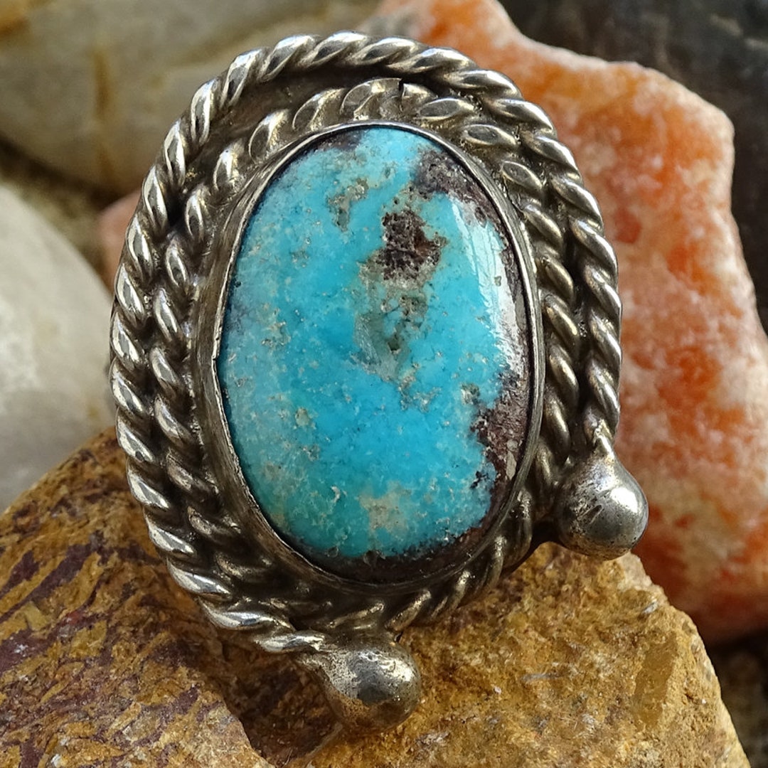 Vintage Navajo Turquoise Ring Size 6.25-6.5 Sterling Silver Rope Twist ...