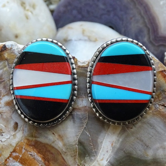 Al Lementino Fantastic Zuni Coral Sterling Silver Earrings Native American Al Lementino Fantastic Zuni Coral Sterling Silver Earrings Native American