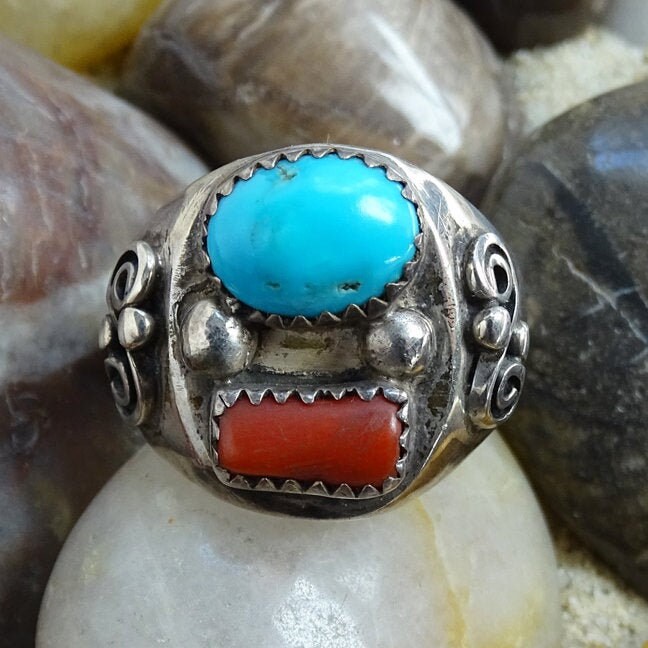 VINTAGE BB STERLING SILVER INLAY TURQUOISE CORAL RING. # 706 - munimoro ...