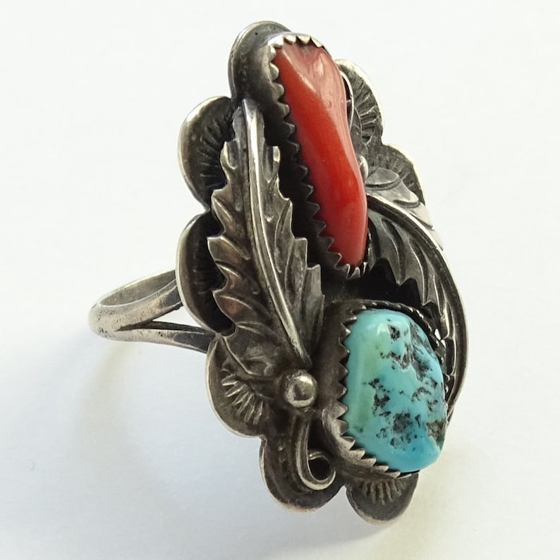 Vintage Non Native Anglo Jane McCrory Turquoise Coral Ring Size 8.5 Signed