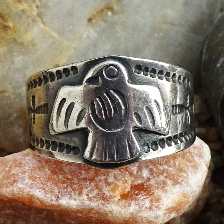 Old Fred Harvey Era Navajo Thunderbird Ring Size 7.75 Cigar Band