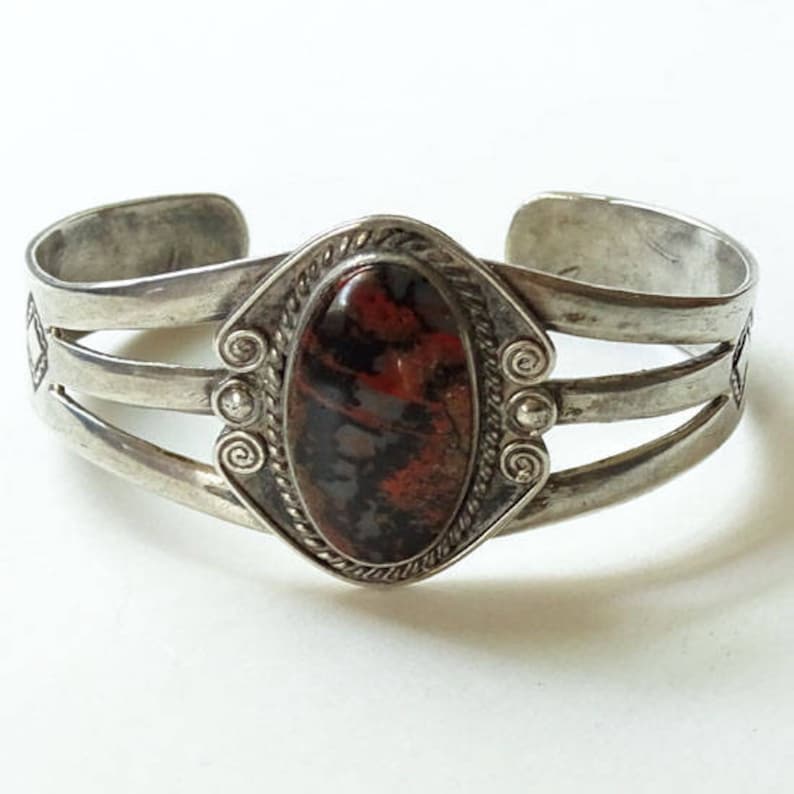 Old Fred Harvey Era Navajo Petrified Wood Sterling Silver Cuff Bracelet 1940s Handmade
