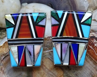 Vintage Southwestern, Multistone Inlay, Pierced Earrings, Turquoise, Spiny Oyster, Multistone Inlay Earrings, Southwest Earrings, Turquoise