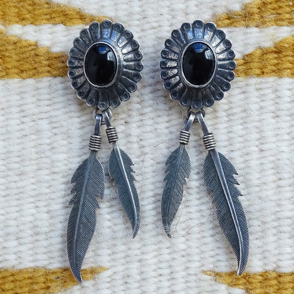 Vintage, Southwestern, Q.T., QT, Quoc, Pierced Post Earrings, Sterling and Onyx, Feather Dangle,  QT Onyx Earrings, Native American Style