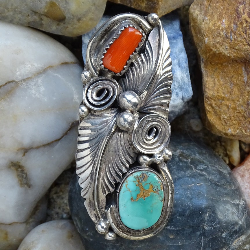 Vintage, Signed Ring, Navajo, Turquoise Coral Ring, SMALL Size 5.5, Handmade, Sterling Silver, Appliques, 16g, Turquoise Ring, Coral Ring