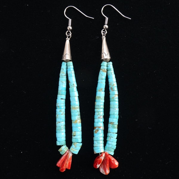 Vintage Santo Domingo Turquoise Spiny Oyster Tabs Jacla Earrings 4” Native American