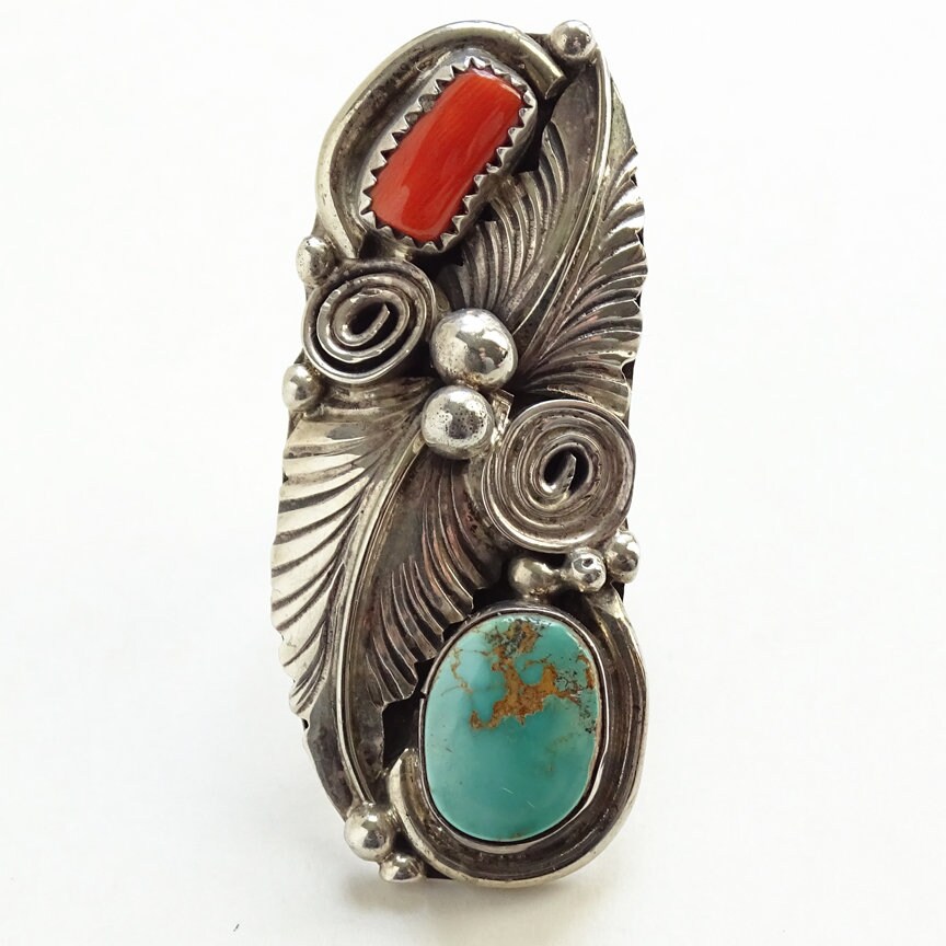 Vintage Navajo Sterling Silver Turquoise Coral Ring, Size 5.5 - Etsy