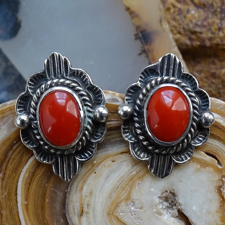 Amazing Vintage Native American Navajo Long Tube Coral Sterling Silver Detailed Earrings Amazing Vintage Native American Navajo Long Tube Coral Sterling Silver Detailed Earrings