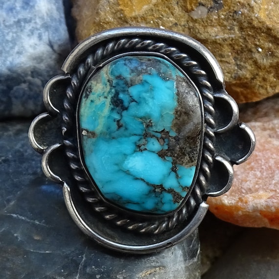 Huge Vintage Navajo 'Turquoise Vein' Native American Jewelry Silver Ring Huge Vintage Navajo 'Turquoise Vein' Native American Jewelry Silver Ring