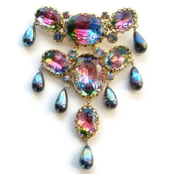 Vintage Rhinestone Brooch Pink Blue Heliotrope Hematite Color Raindrop Dangles Large