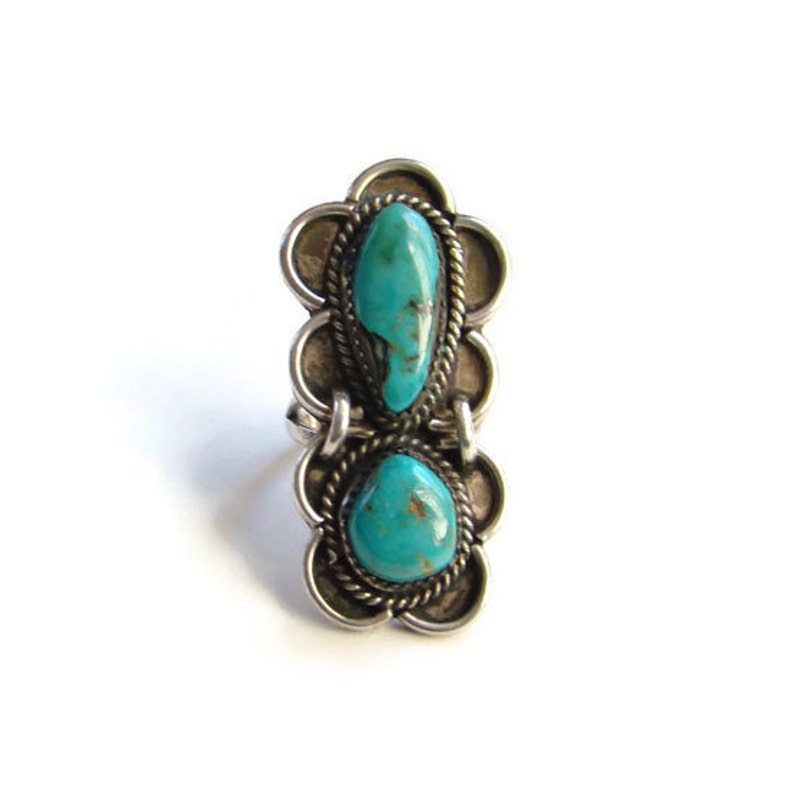 Vintage Native American Turquoise Ring Two Stones Sterling Silver Size 6 34