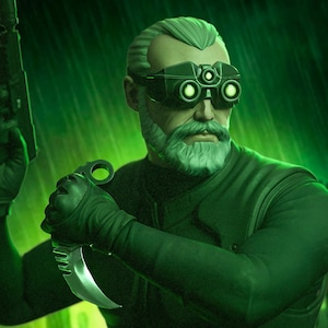 Op de afbeelding: Digitale illustratie van een man in een groen tactisch uniform, met een pistool en een gebogen mes. Hij draagt een nachtkijker en handschoenen. De achtergrond is een groene, stedelijke scène. De afbeelding bevat de tekst "PATREON H3LL CREATOR".