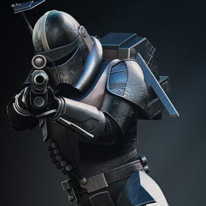 Pode incluir: Estátua detalhada em resina e FDM em escala 1/6 de um personagem da série "The Bad Batch". A figura está ajoelhada, mirando com um blaster. A estátua é predominantemente preta e prateada, com detalhes intrincados de armadura. A base apresenta o logotipo da série.