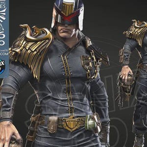 May include: A detailed statue of Judge Dredd in a dark blue uniform with gold accents, a helmet, and shoulder armor. The figure is holding a skull-shaped object and stands on a decorative base. The image includes the text "SANIX 3D" and "PRE-SUPPORTED 3D FILES".