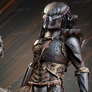 Puede incluir: Modelos 3D detallados de figuras de Predator. Una figura está de pie con un arma, mientras que otra posa con un casco y una armadura. Las figuras son en tonos grises, marrones y plateados, con detalles intrincados. La imagen incluye el texto "SANIX 3D" e información del sitio web.