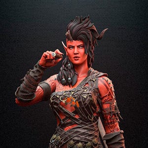 May include: A detailed figurine of a female demon with red skin, horns, and a tail. She wears dark clothing with intricate leather straps and holds a spear. The figure stands on a rocky platform with a glowing interior. The text "PATREON h3LLcreator" is visible.