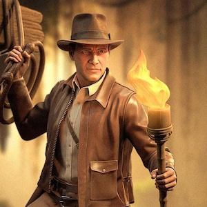 3D-geprinte figuur Indiana Jones, klassiek harsstandbeeld avonturier, ongeverfd