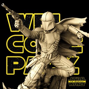 May include: A detailed beige figurine of The Mandalorian from Star Wars, posed dynamically with two blasters. The figure is set against a black background with yellow text that reads "WE GO PA". The Star Wars logo is visible.