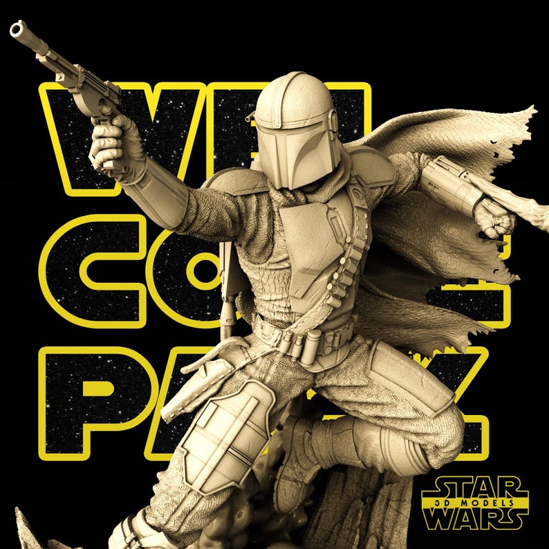 May include: A detailed beige figurine of The Mandalorian from Star Wars, posed dynamically with two blasters. The figure is set against a black background with yellow text that reads "WE GO PA". The Star Wars logo is visible.