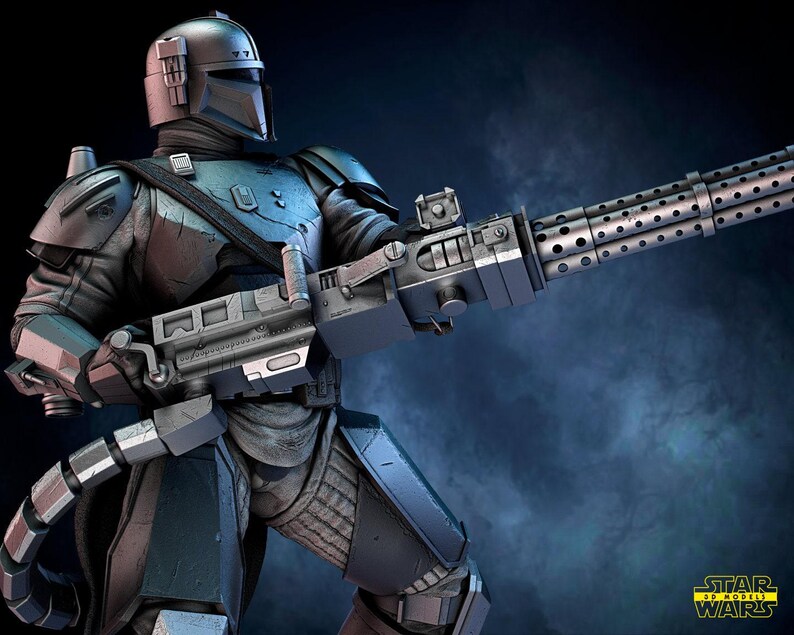 May include: A detailed image of a Mandalorian warrior in full armor, holding a large, silver, multi-barreled weapon. The armor is a mix of gray and silver, with a helmet and shoulder pads. The background is a dark blue with the Star Wars logo.