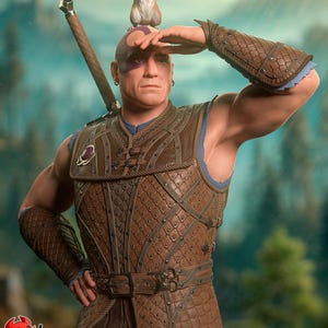 May include: A warrior figure in brown leather armor, with a sword on his back, and a small rodent on his head. The warrior is looking off to the side, with his arm raised to shield his eyes. The background is a blurred landscape.
