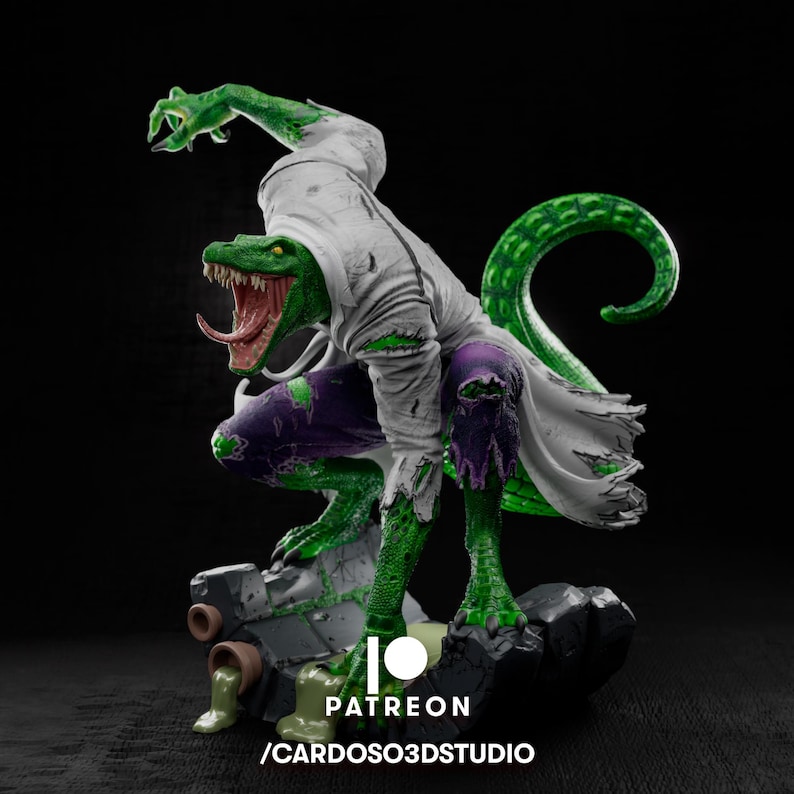 Peut inclure: Statue du L&eacute;zard vert et violet avec une blouse blanche, pos&eacute;e sur une base noire. La statue a une longue queue et est accroupie. La statue a une expression mena&ccedil;ante, la bouche ouverte. Le texte "PATREON / CARDOSO3DSTUDIO" est visible.
