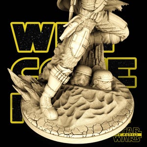 May include: A detailed 3D model of a figure in a futuristic outfit, standing on a cracked, circular base. Two Stormtrooper helmets are partially buried in the sand. The words "WARS" and "3D MODELS" are visible.