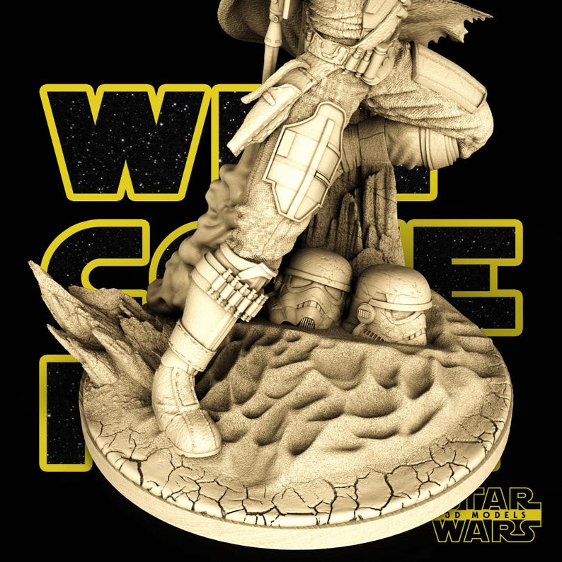 May include: A detailed 3D model of a figure in a futuristic outfit, standing on a cracked, circular base. Two Stormtrooper helmets are partially buried in the sand. The words "WARS" and "3D MODELS" are visible.