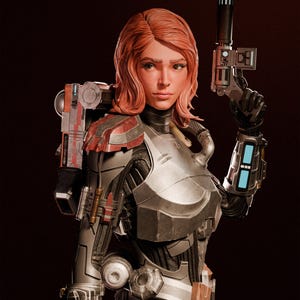 Puede incluir: Representaci&oacute;n digital de una mujer con cabello casta&ntilde;o rojizo, vistiendo una armadura futurista con detalles rojos y plateados. Sostiene un arma negra y plateada en su mano derecha, y un dispositivo est&aacute; sujeto a su mu&ntilde;eca izquierda. El fondo es marr&oacute;n oscuro.
