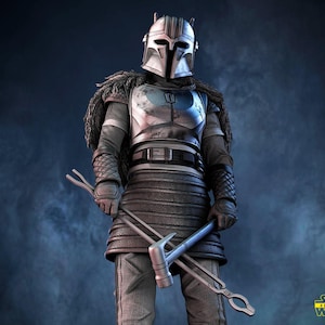 May include: A detailed 3D model of a character in silver and gray armor, holding tools. The character wears a helmet with horns, a fur-lined shoulder piece, and a belt. The background is a dark blue with a Star Wars logo.