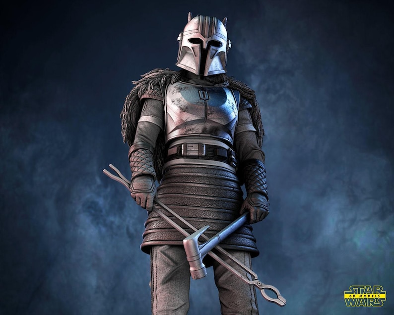 May include: A detailed 3D model of a character in silver and gray armor, holding tools. The character wears a helmet with horns, a fur-lined shoulder piece, and a belt. The background is a dark blue with a Star Wars logo.