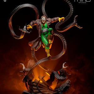 May include: A detailed statue of Doctor Octopus, a comic book villain, in a dynamic pose. He wears a green and brown outfit with yellow gloves and boots. Four mechanical tentacles extend from behind him. The statue is set against a dark background.