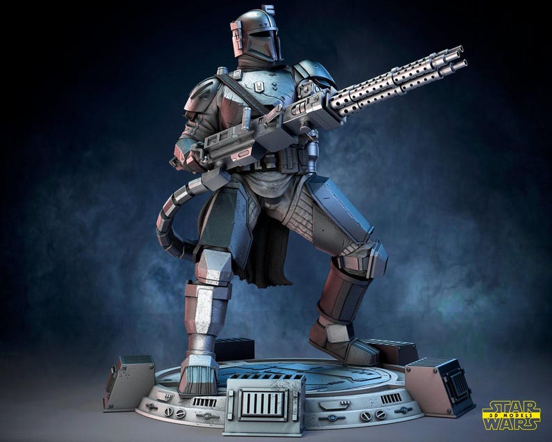 May include: A detailed 3D model of a Mandalorian warrior in full armor, holding a large, multi-barreled weapon. The figure is predominantly silver and gray, with black accents. The model is posed on a circular platform with mechanical details, set against a dark blue background.
